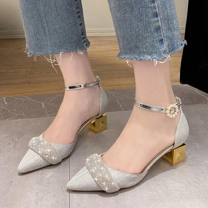 Mode Bling Kristall High Heels Pumps Damen Elegant Perle Schnalle Eckige Absätze Hochzeit Party Schuhe Damen Spitzschuh Knöchelriemen Pumps