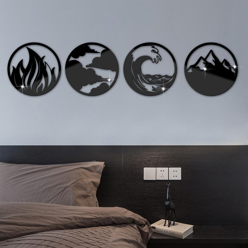 4pcs 3D Acrylic Mirror Sticker Wind Fire Water and Soil Four Elements Round Mirror Wall Sticker Living Room Bedroom Wall Decor