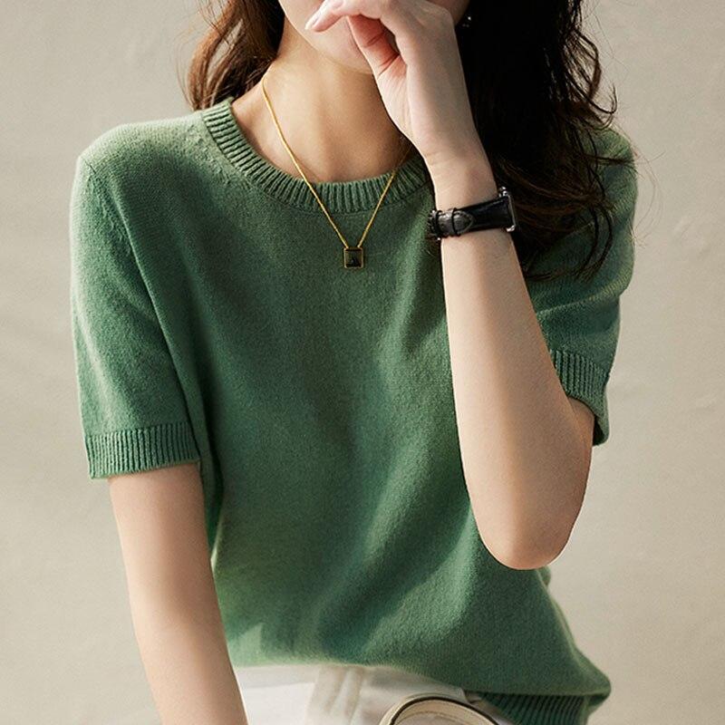 Spring And Summer Candy Short Sleeve T-shirt Women O-neck Slim Office Lady Knitted T Shirt Fashion Base Sweater Tshirts 18854