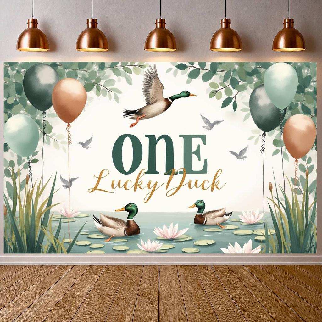 Entenparty-Banner, Stockente, Banner für Einjährige, Hintergrund für den ersten Geburtstag, fliegende Vögel, See, Tierhintergrund für den 1.
