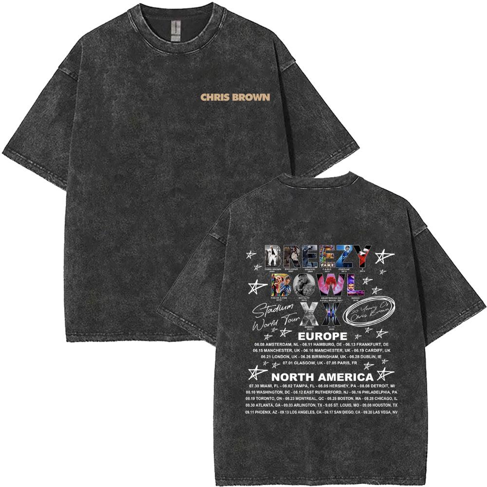 Chris Brown Breezy Bowl XX World Tour Washed Vintage Tshirt Men Women Hip Hop Fashion Pop Music T Shirts Male Cotton Tees