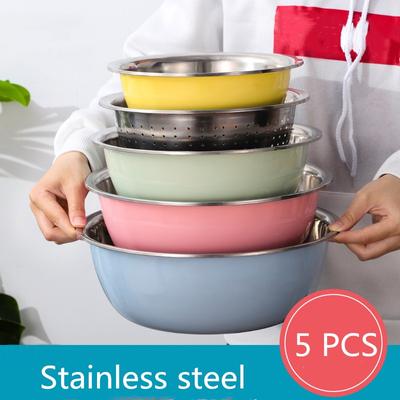 5 STÜCKE Edelstahl Salatschüssel Abtropfkorb Abtropfsieb Rührschüsseln Set Küche Gemüse Obst Waschen Aufbewahrungsbehälter