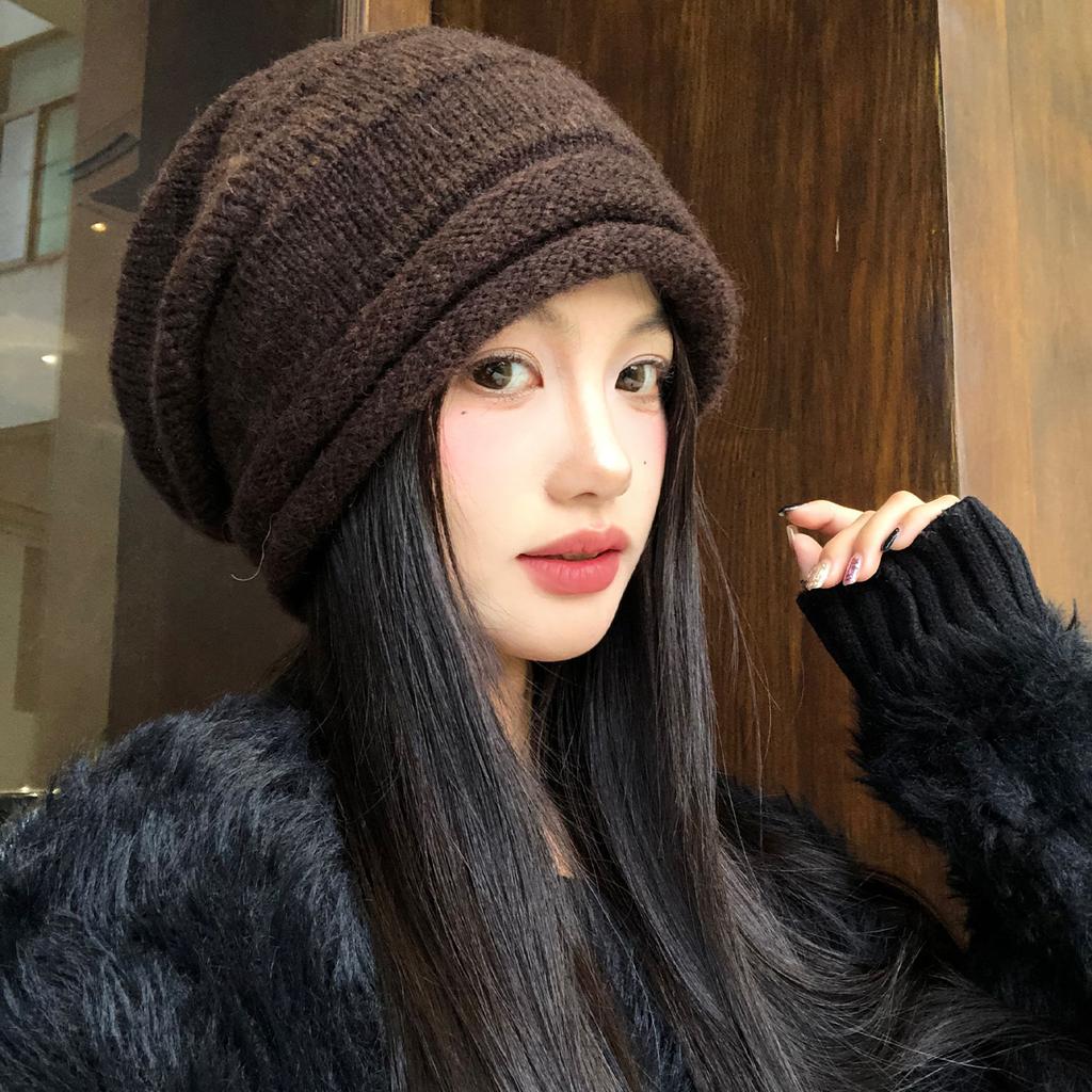 Big Head Circumference Coffee-Colored Knitted Stacking Hat Children'S Autumn And Winter Warm Face Small Cold Hat Versatile Warm Plain Head Hat