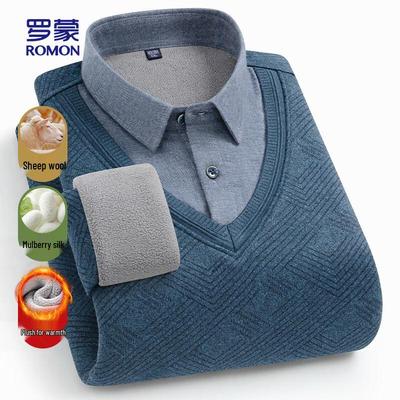 Herren-Pullover mit Wollmischung, Strickkragen und Fleece-Futter