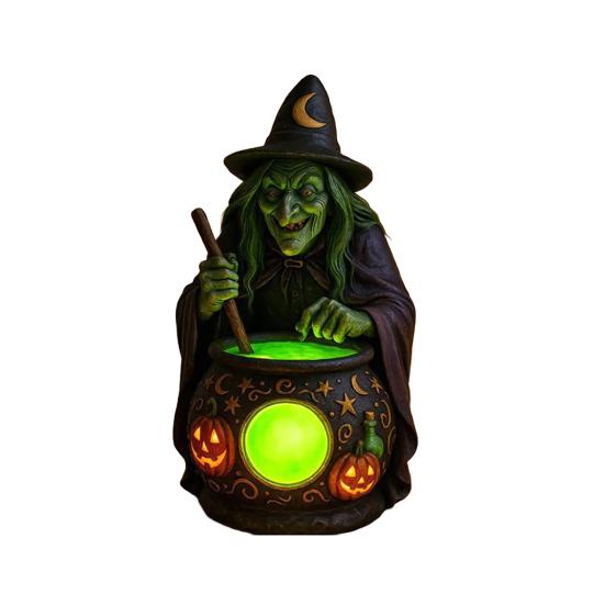 Halloween Witch Cauldron Lamp with Eerie Green Glow LED Landscape Light Spooky Witch Brewing Pot Light for Living Room Bedroom Office