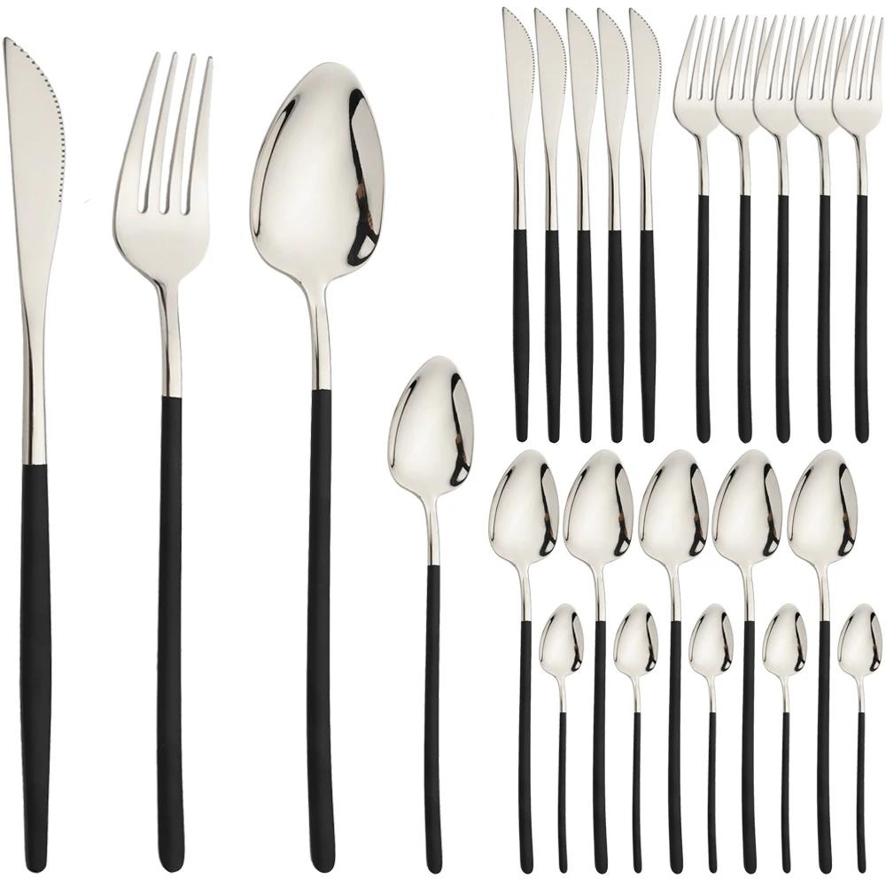 24Pcs Dinnerware Set Stainless Steel Tableware Knifves Forks Spoons Black Gold Cutlery Mirror Flatware Kitchen Dinner Silverware