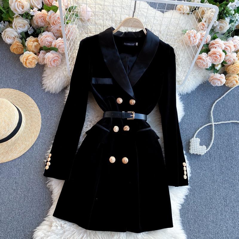 Winter Ladies Suit Collar Temperament British Style Double-breasted Slim Velvet Dress
