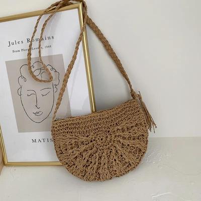 Woven Half Moon Shape Crossbody Handbags Bohemia Straw Handmade Shoulder Bag Purse