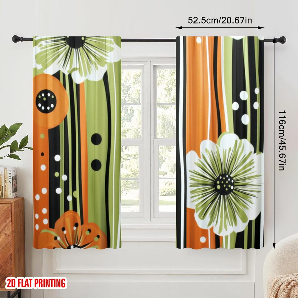 2pcs,2D plane printing Curtains Digital Printed Floral Stripes Polyester Fabric (without rod) Festive Ldeal for Bedroom, Living