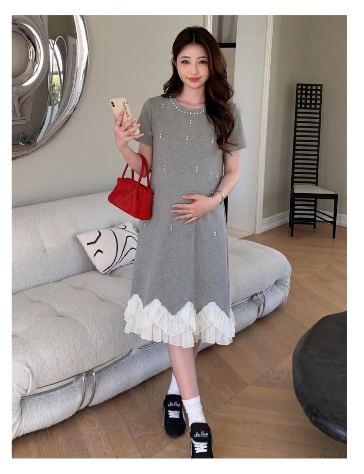2026 Summer Petite Maternity Knit Dress - Korean Style, Loose-Fit, Slimming, Round Neck