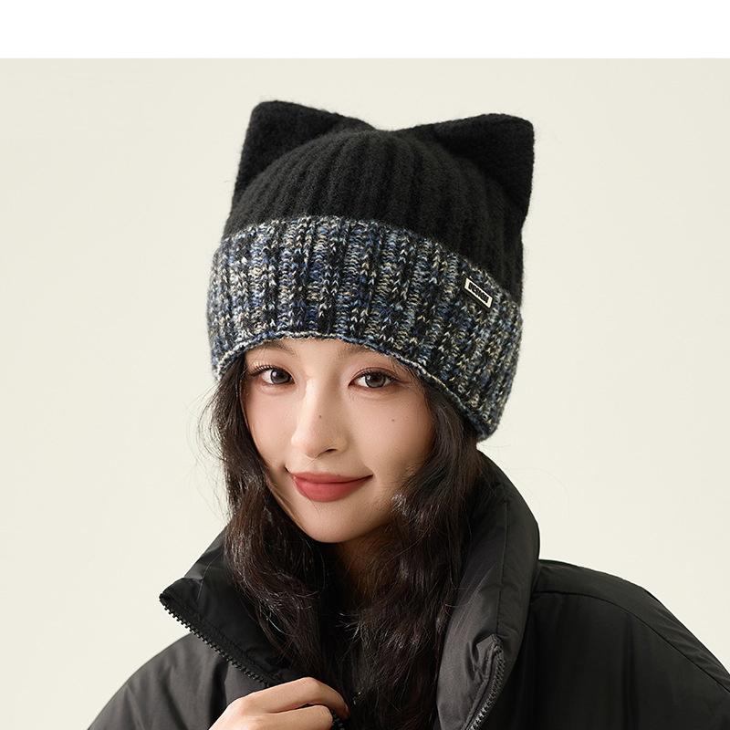 Cat Ear Wool Hat Women's Autumn Winter Warm Knitted Hat Thick Hat