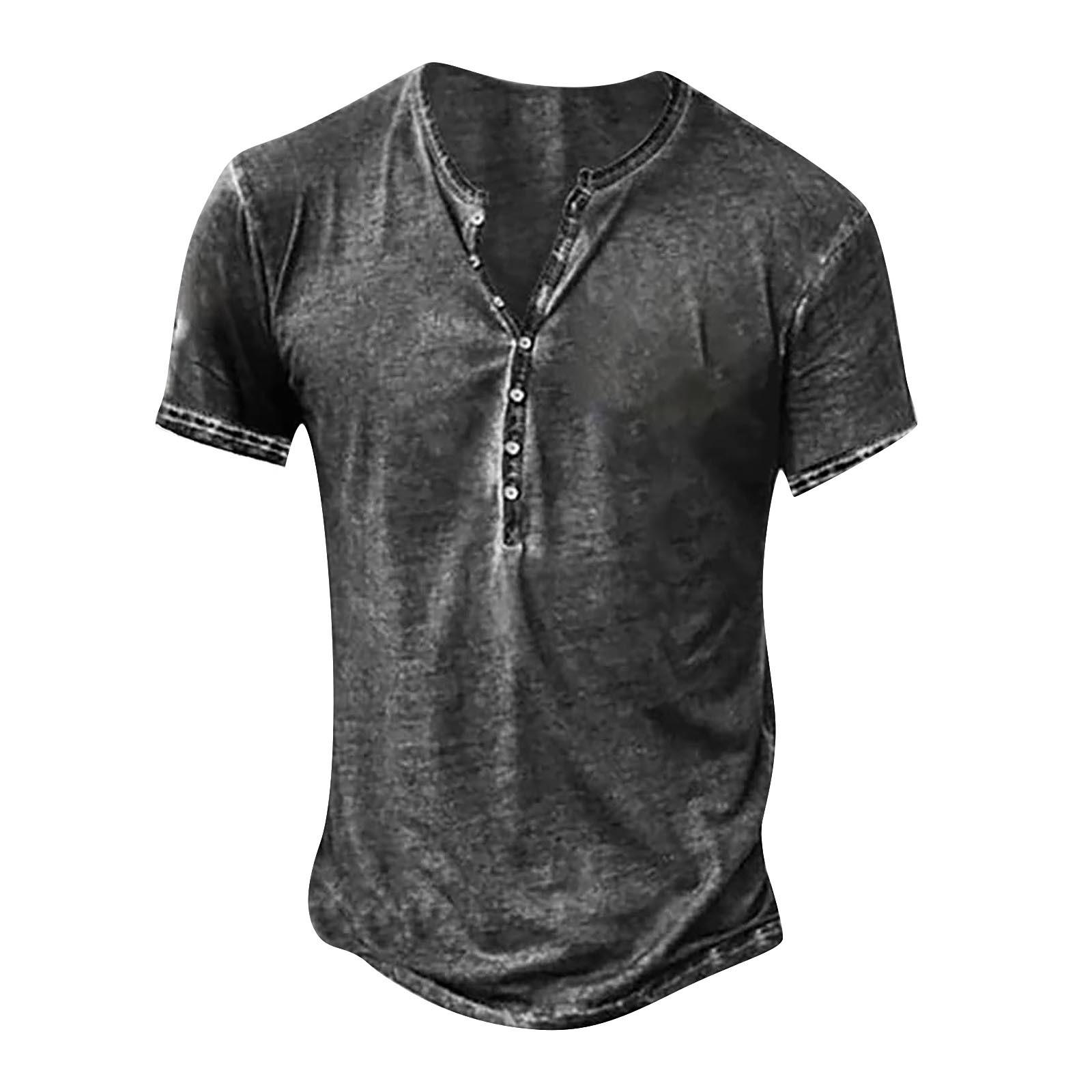 Férfi alkalmi Henley ing, rövid ujjú, vintage, gombos, V-nyakú póló mindennapi viseletre M gray