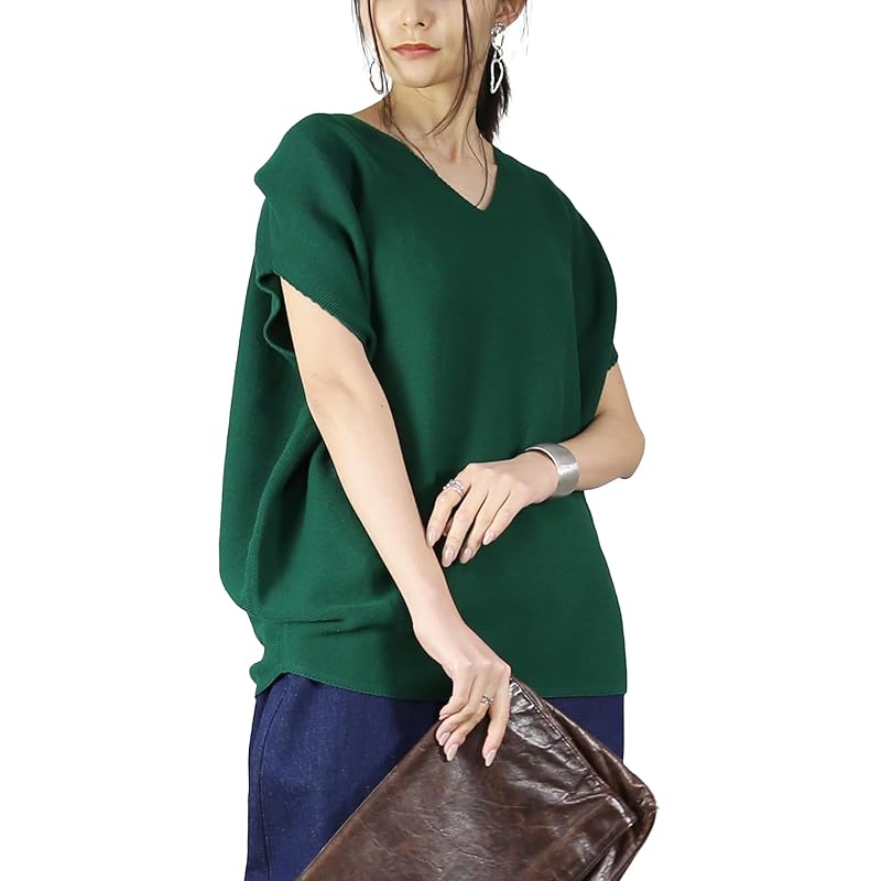 

[And It] cocoon cotton knit Plain color V-neck short sleeve Thin summer knit pullover ladies F 55 Green A