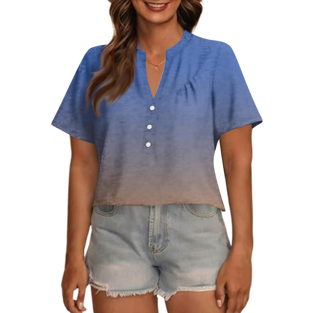 Women's Fashionable Casual V Neck Button Up Oversized Short Sleeve Printed Top