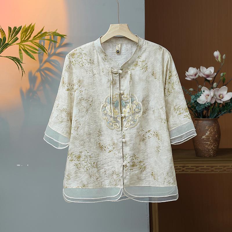 2024 New Chiffon Short Sleeve Blouse - Chinese Style Spring/Summer Top for Middle-Aged Women
