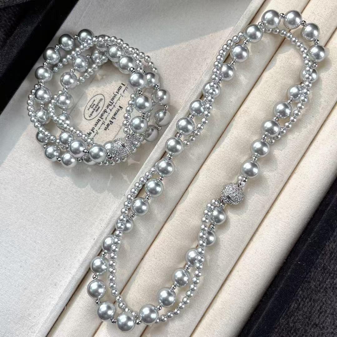 Vintage 616 Platinum Grey High Quality Strong Light Faux Crystal Pearl Wrap Necklace Clavicle Chain