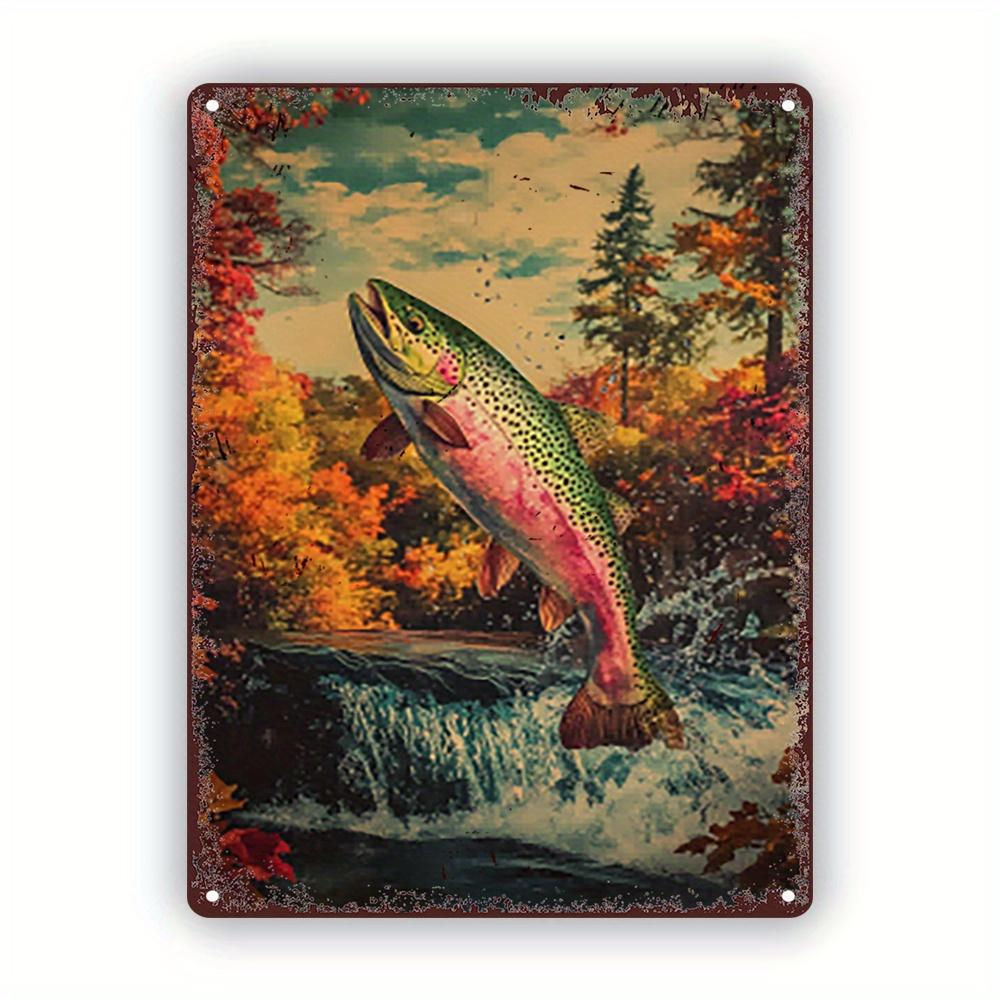 Vintage Rainbow Trout Wall Art Vintage Wall Art Rustic Rainbow Trout Metal Sign Autumn Jumping Fish Design with Vibrant