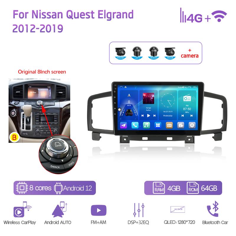 10.2" For Nissan Quest Elgrand 2012-2019 Car Multimedia Player GPS Navigation Radio Android12 8+128G 8Core CarPlay 4G 360Camera