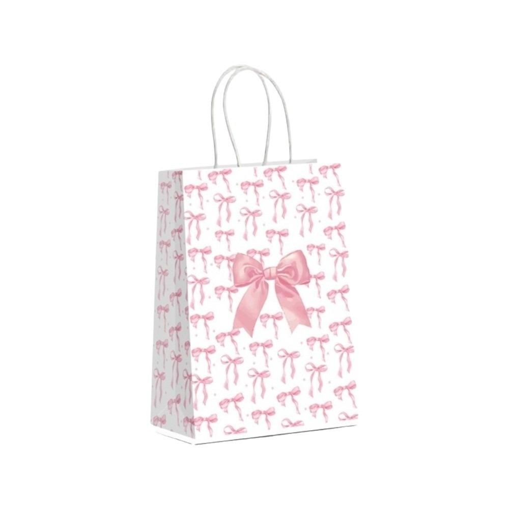 5PCS Sweet Pink Paper Gift Bags White Bow Handheld Design Pink Bow Theme Bow Themed Paper Material Candy Tote Bag Wedding Party