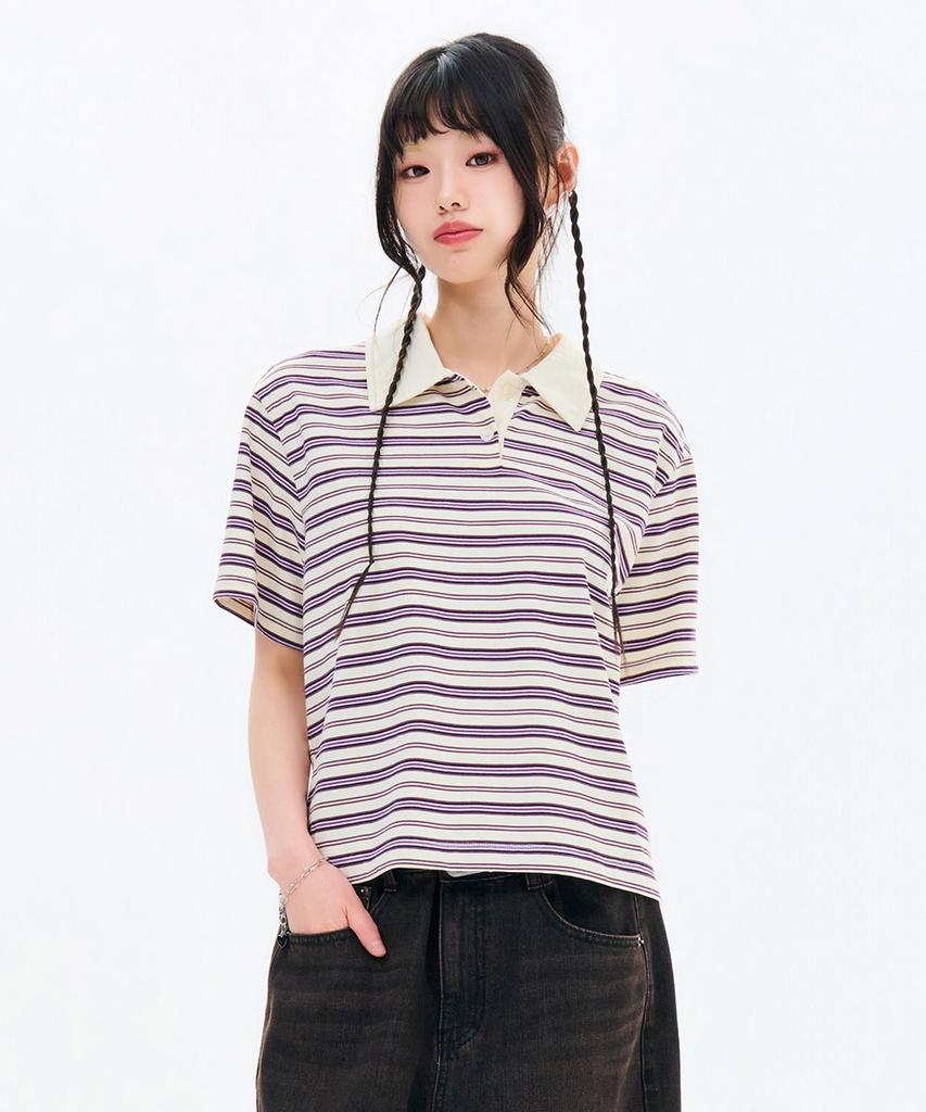 CHASECULT Women'S Striped Collared Short Sleeve T-Shirt-Fbrg5791D0A