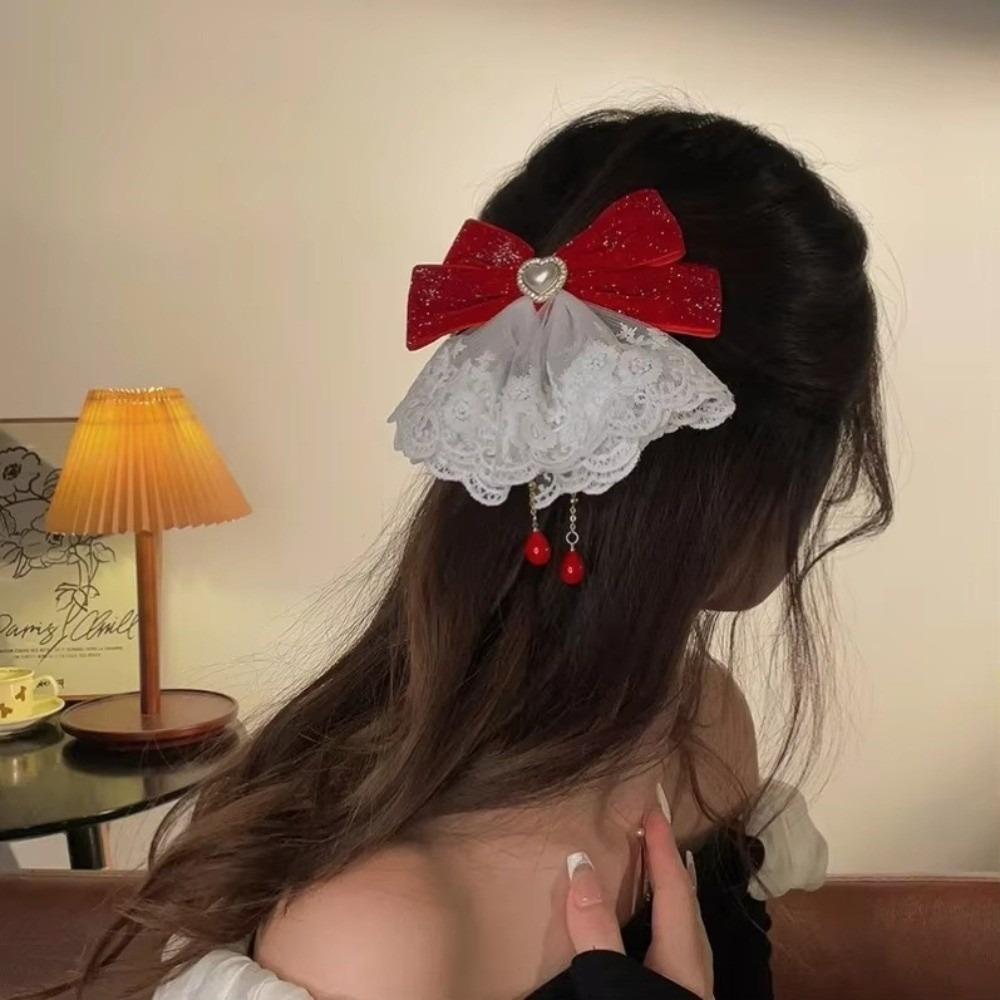 Lace Elegant Hair Clips Elegant Ribbon Bowknot Hair Clips Sweet Lace Hair Accessories  Daily Wear