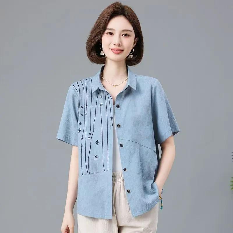

Women s Linen Cotton Blend Embroidered Short Sleeve Button-Down Shirt M синий