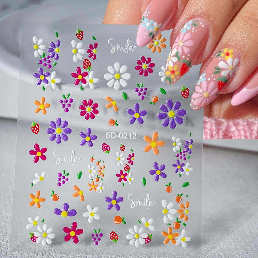 Small Fresh Flower Relief Nail Art Sticker Sweet Daisy Strawberry Flower Three-Dimensional Nail Decorative Sticker