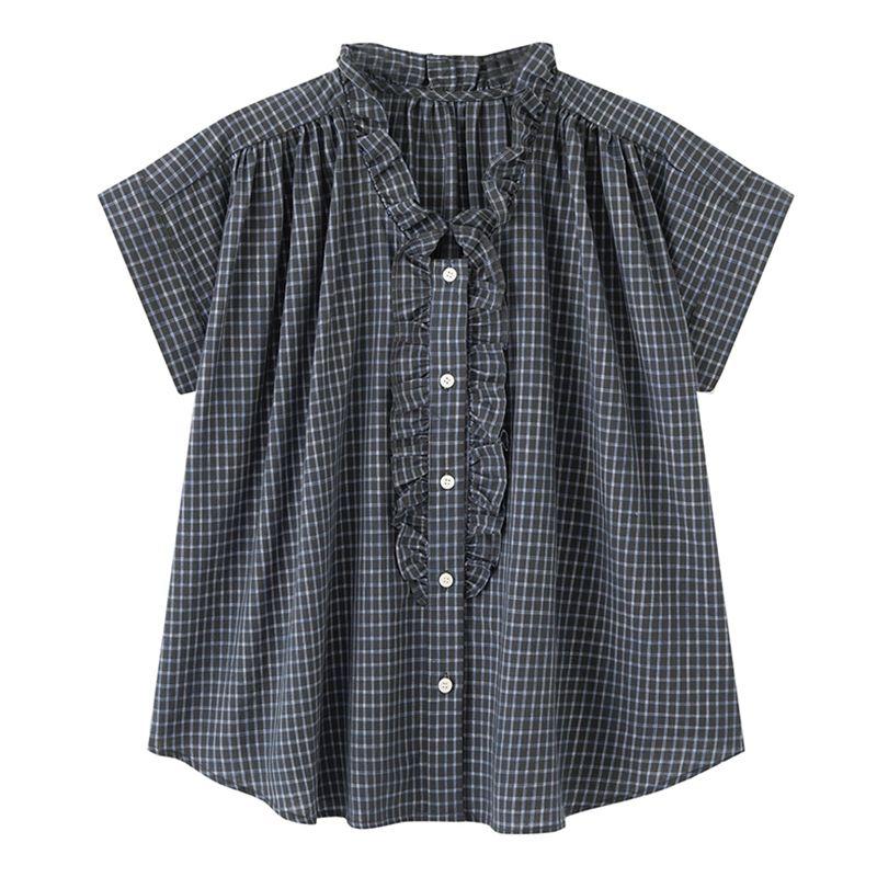 Women s Summer New Plaid Short Sleeve Shirt Casual Loose Ruffle Collar Blouse S