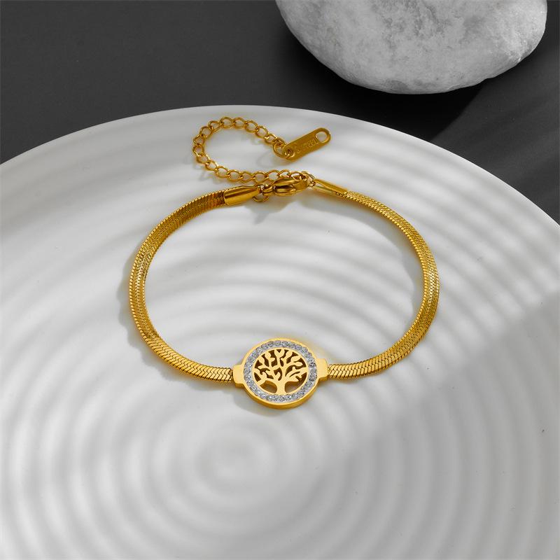 Women's Stainless Steel Tree of Life Bracelet with Zircon Inlay - Non-Fading Titanium Steel