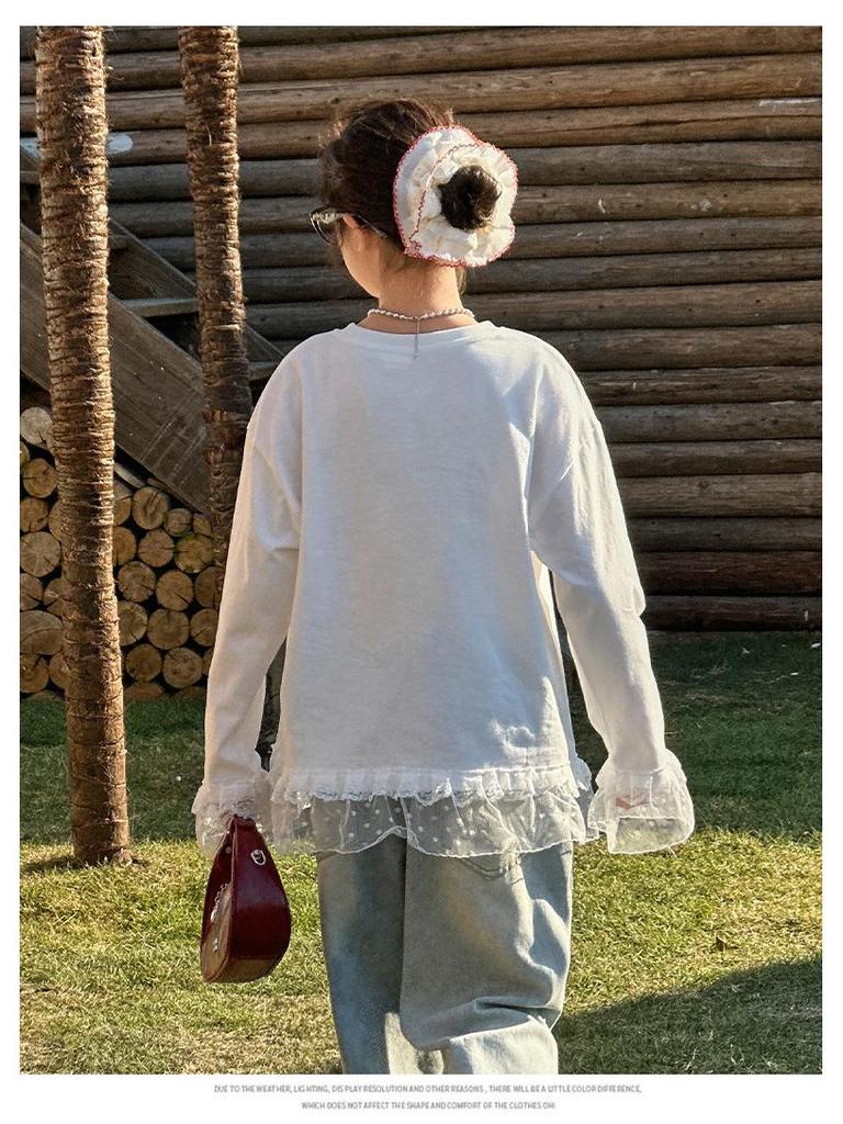 Plus Size Girls' White Lace Long Sleeve T-shirt for Spring & Autumn