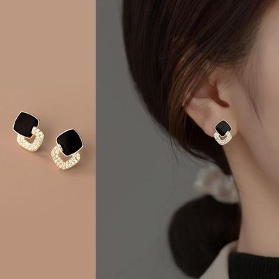 Boucles d'oreilles en Zircon noir de Style coréen pour femmes, strass brillants, carrés géométriques, bijoux de déclaration de fête pour filles, cadeaux