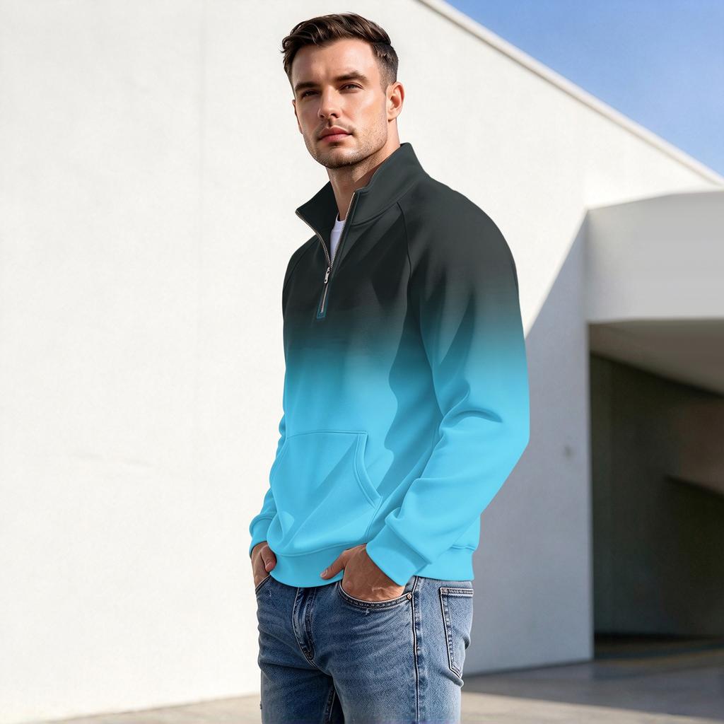 Herren Herbst Winter Zweifarbig Gradient Print Reißverschluss Pullover Stehkragen Lässig Knitterig Sportlich Oberteil