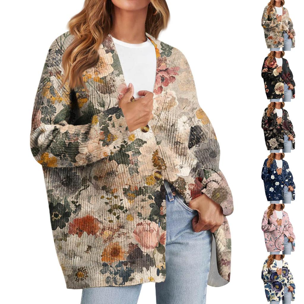 Women's Fashion Long Sleeve Print V-Neck Button Loose Cardigan Top