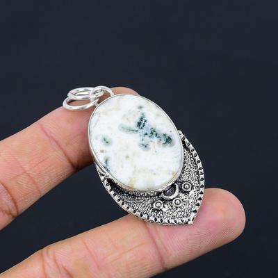 Natural Tree Agate Gemstone Pendant White 925 Sterling Silver Indian Jewelry