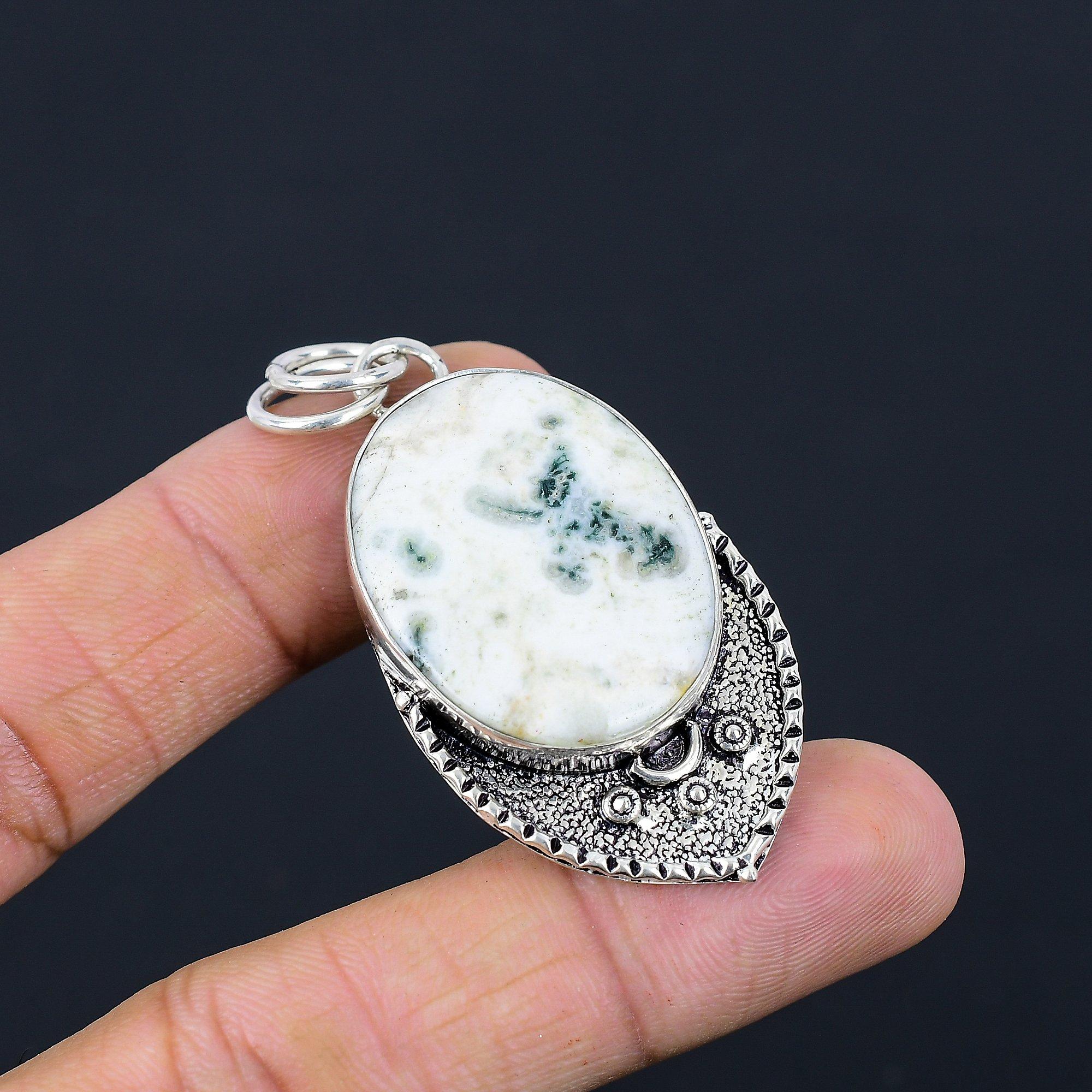 

Подвеска из натурального агата древесного, белое стерлинговое серебро 925 пробы, индийские украшения