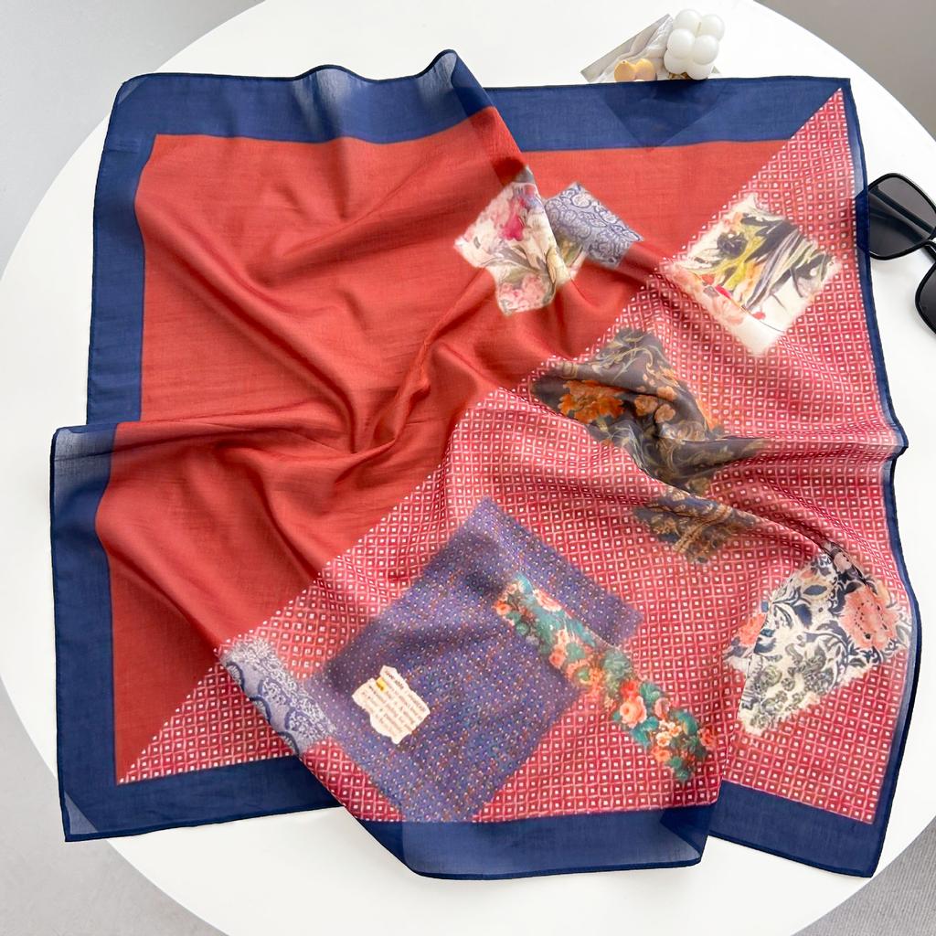 New spring and summer light and breathable 61 * 61cm square scarf versatile printed mulberry silk cotton blended women's silk scarf