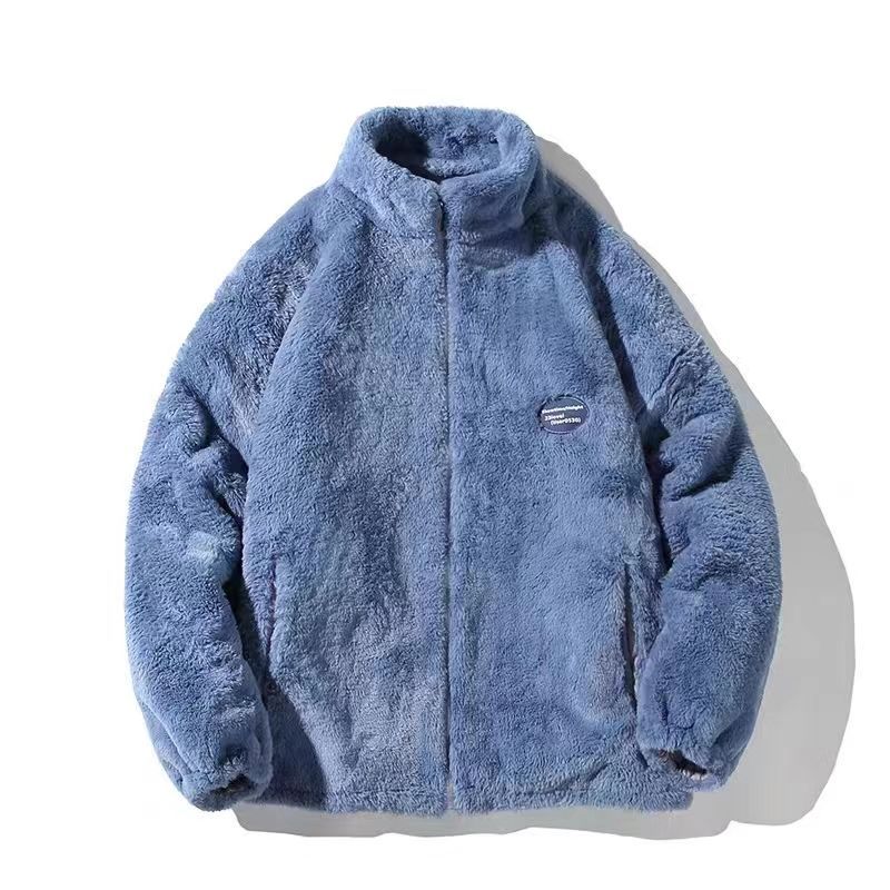 

Winter new tie-dye simple plush thickened jacket stand-up collar loose casual couple cotton clothes M80-55 kg синій