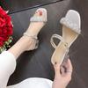 High Heel Cool Slippers Women's Summer New Korean Version Fashion Fairy Rhinestone Middle Heel Two Wear Fashion Slippers