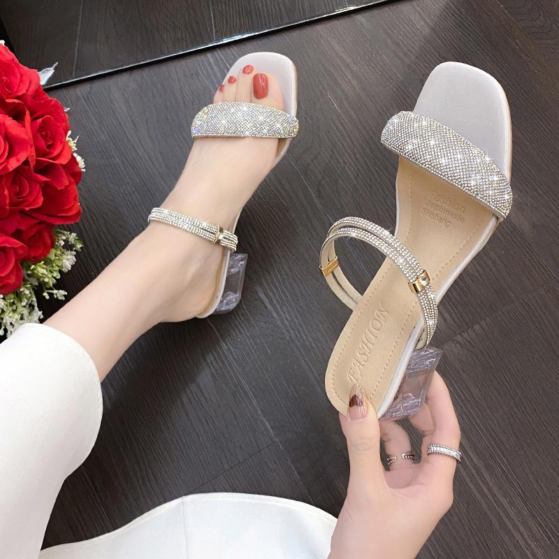 High Heel Cool Slippers Women's Summer New Korean Version Fashion Fairy Rhinestone Middle Heel Two Wear Fashion Slippers