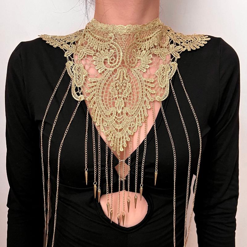 Gold Lace Trim Multi-Layer Fashionable Tassel Necklace For Women Body Chain Jewelry Accessory Elegant Trendy Jewelry