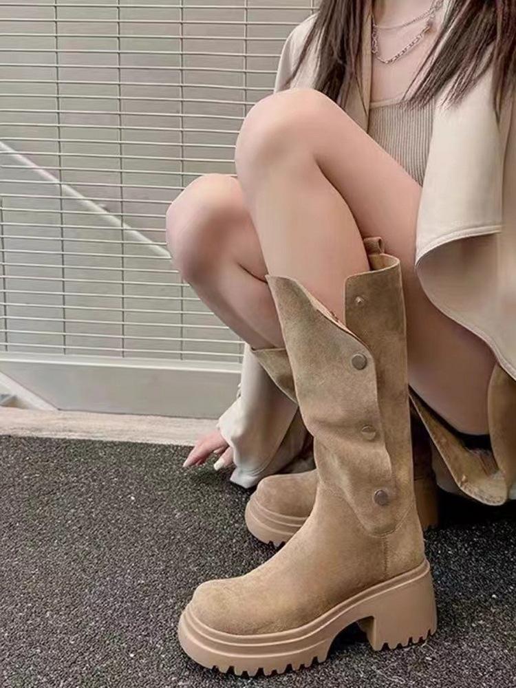 

Two wear Maillard boots, women s thick-heeled versatile platform boots, small height-increasing knight boots, high-heeled stacked boots 35