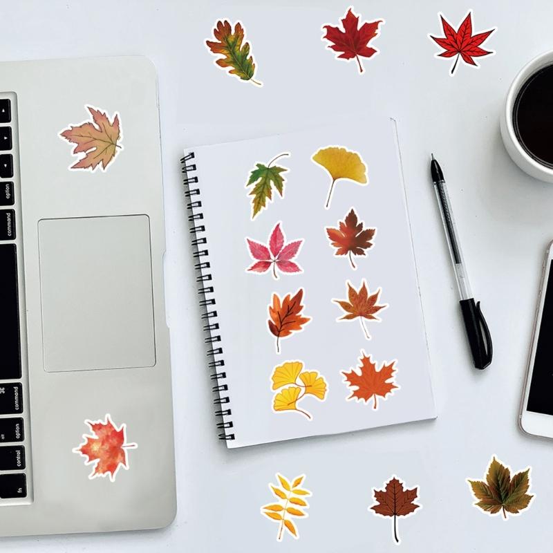 50 Sheets Removable Autumn Leaf Design Stickers For Notebook Wall Phone Cases Paper Maple Leaf Sticker Decorative Art