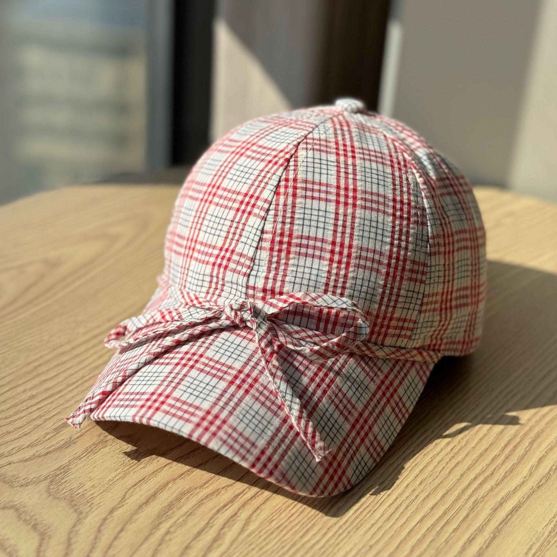 

Korean-style niche design casual plaid bow soft-top baseball cap, versatile for large head sizes, makes the face look smaller, duckbill cap Adult54-60Adjustable вина червоного кольору