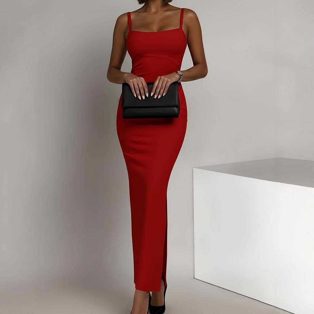 Elegant Solid Color Suspender Square Neck Dress for Women, Slim-fitting Hip-wrapped Side Split Dress, Sexy and Thin Dating Party