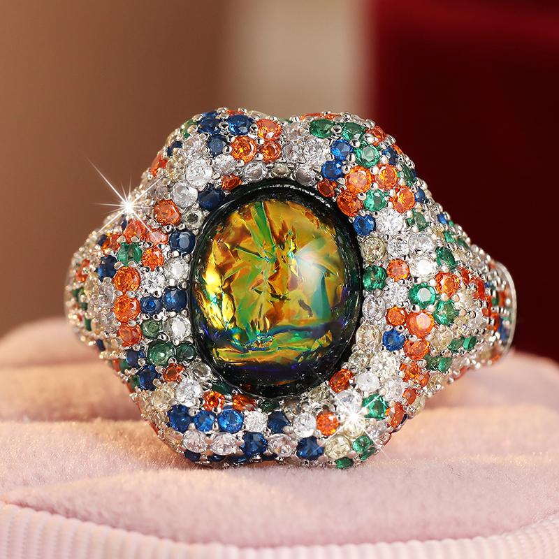 Exquisite Inlaid Multicolored CZ Women's Ring Trendy CopperColor Geometry Daily Wear Party Jewelry Anniversary Gift