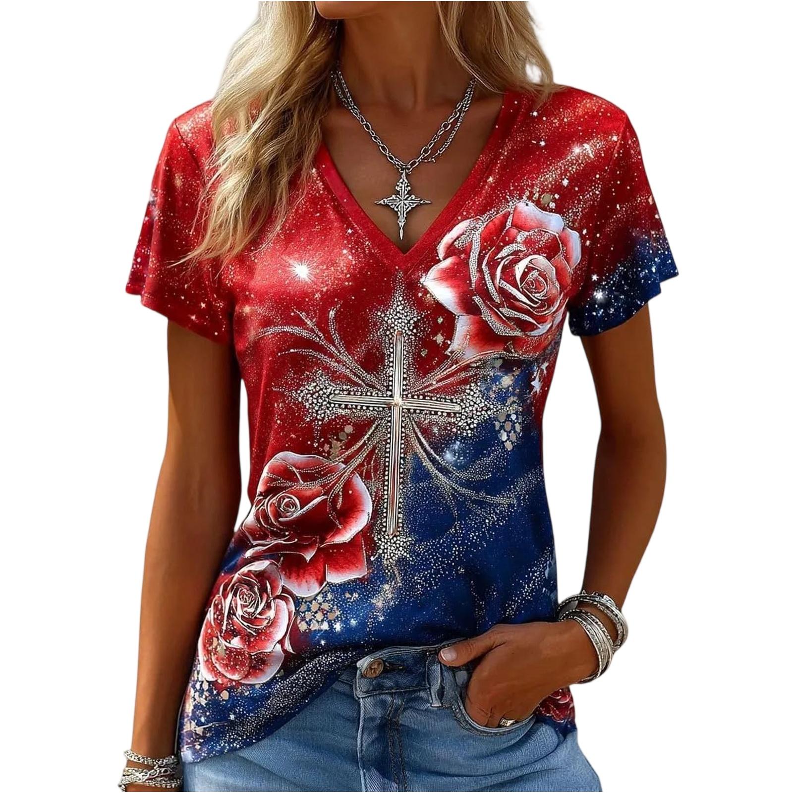 

Women V Neck Short Sleeve Pullover T Shirt Floral Cross Print Casual Tops Comfortable Fit Lightweight Soft Fabric Summer Wear S