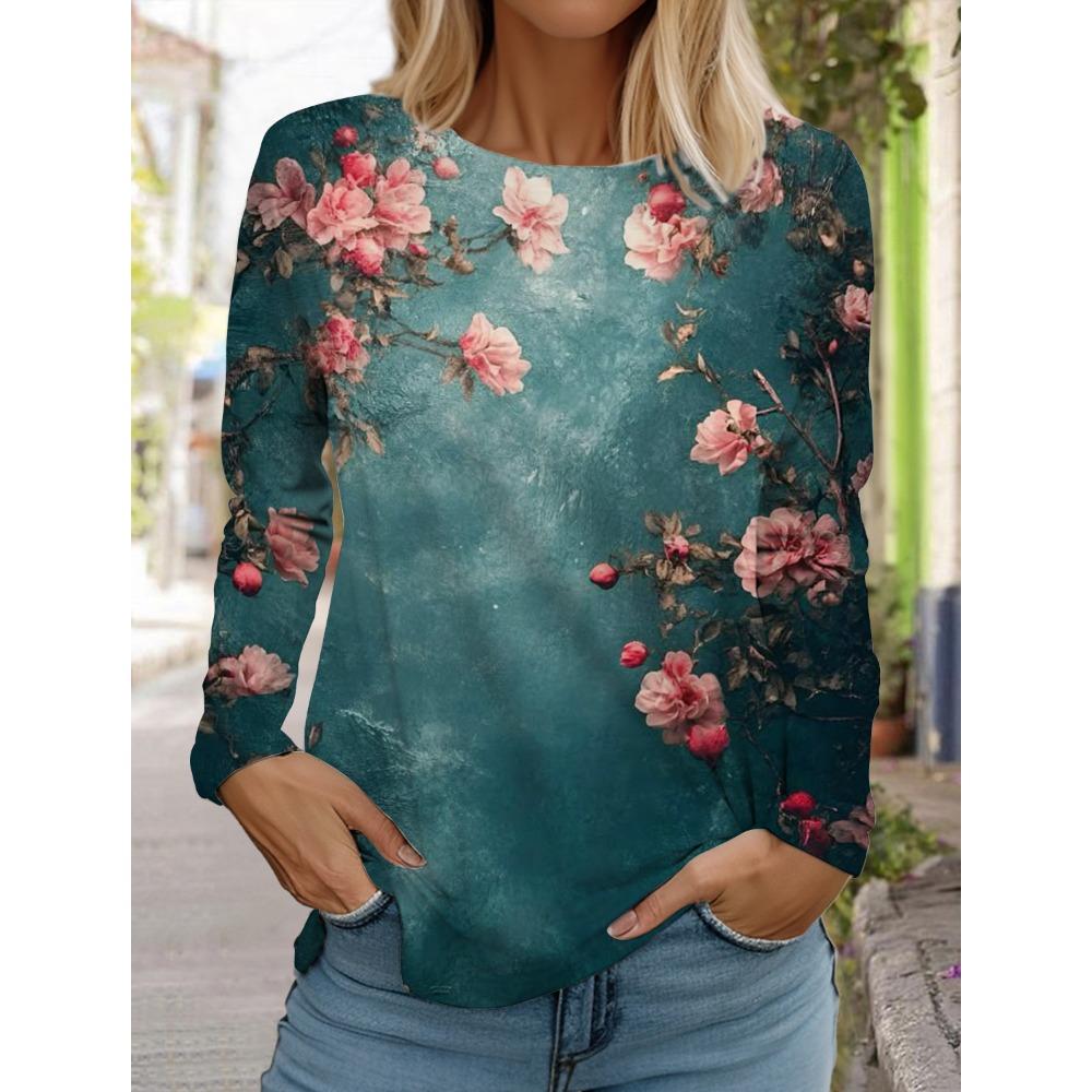 Women's 3D printed floral T-shirt with fashionable long sleeves
