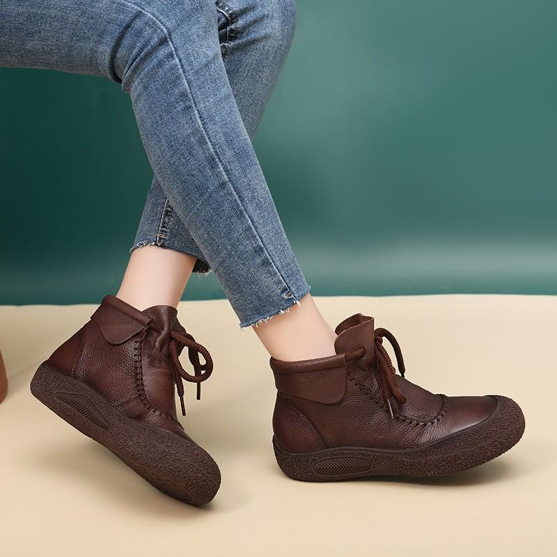 Large size high-top short boots for women's autumn and winter new retro simple drawstring lace flanged thick-soled short boots