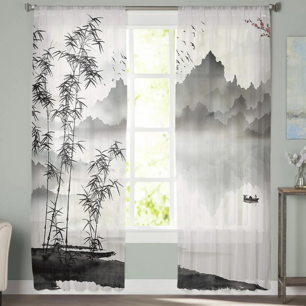 Chinese Ink Landscape Painting Bamboo Sheer Voile Curtains for Bedroom Living Room Kitchen Decor Chiffon Tulle Windows Curtain