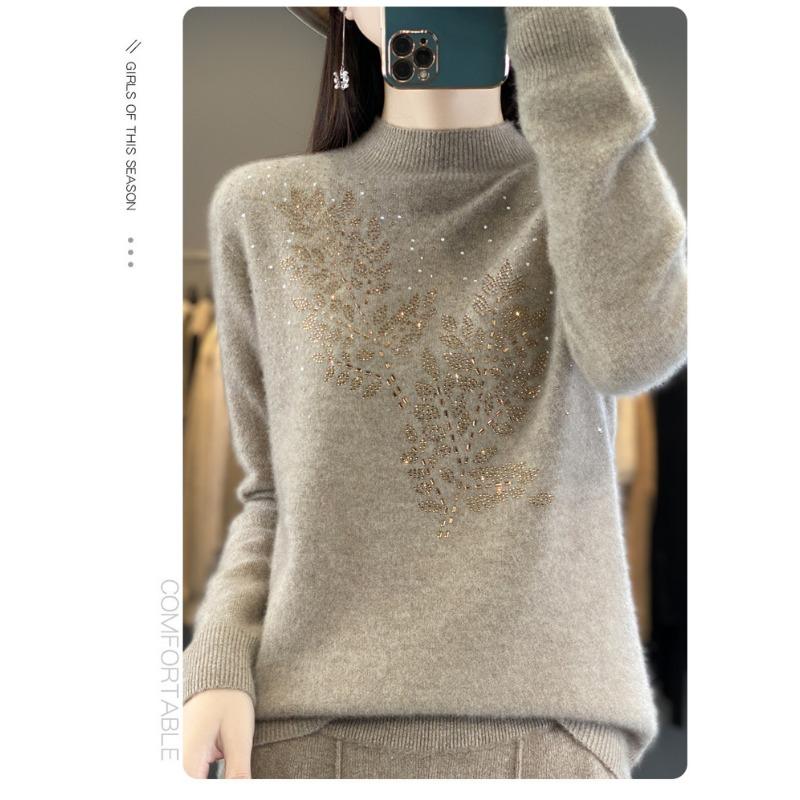 Women S Half Turtleneck Rhinestone Knitted Sweater Long Sleeve Base Layer